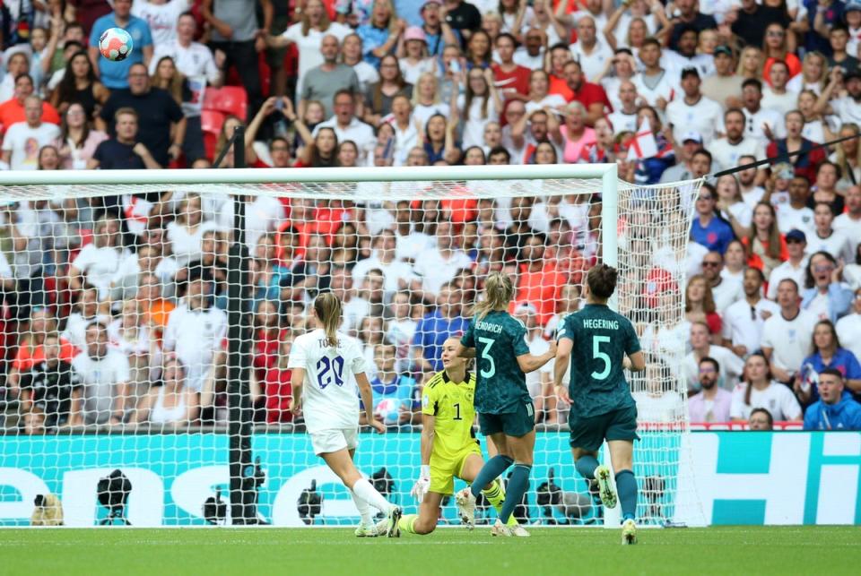 Ella Toone, left, scores England’s first goal of the Euro 2022 final at Wembley (Nigel French/PA) (PA Wire)