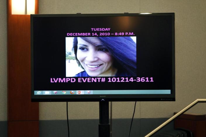 Deborah Flores Narvaez appears on a screen during the trial of Jason Omar Griffith at the Regional Justice Center , Thursday, May 8, 2014, in Las Vegas. Griffith is accused of murdering Luxor "Fantasy" dancer Deborah Flores Narvaez in December 2010. (AP Photo/Las Vegas Review-Journal, John Locher) LOCAL TV OUT; LOCAL INTERNET OUT; LAS VEGAS SUN OUT