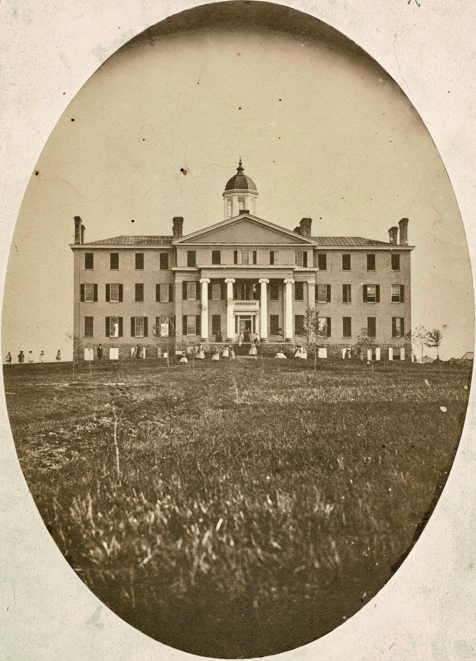 Students and teachers pose in front of the Hagerstown Female Seminary in the late 1860s. The school was later renamed Kee Mar College.