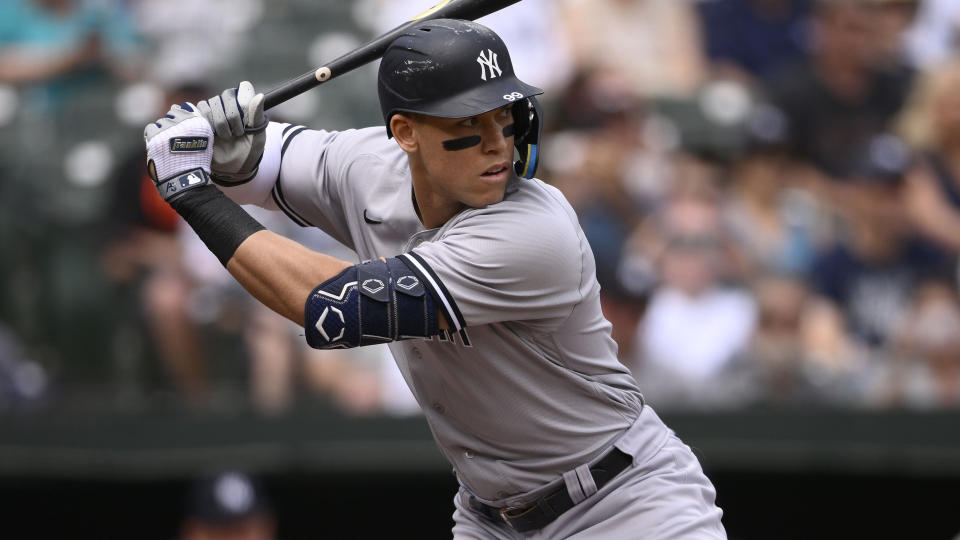 New York Yankees' Aaron Judge bats during an MLB game against the Baltimore Orioles