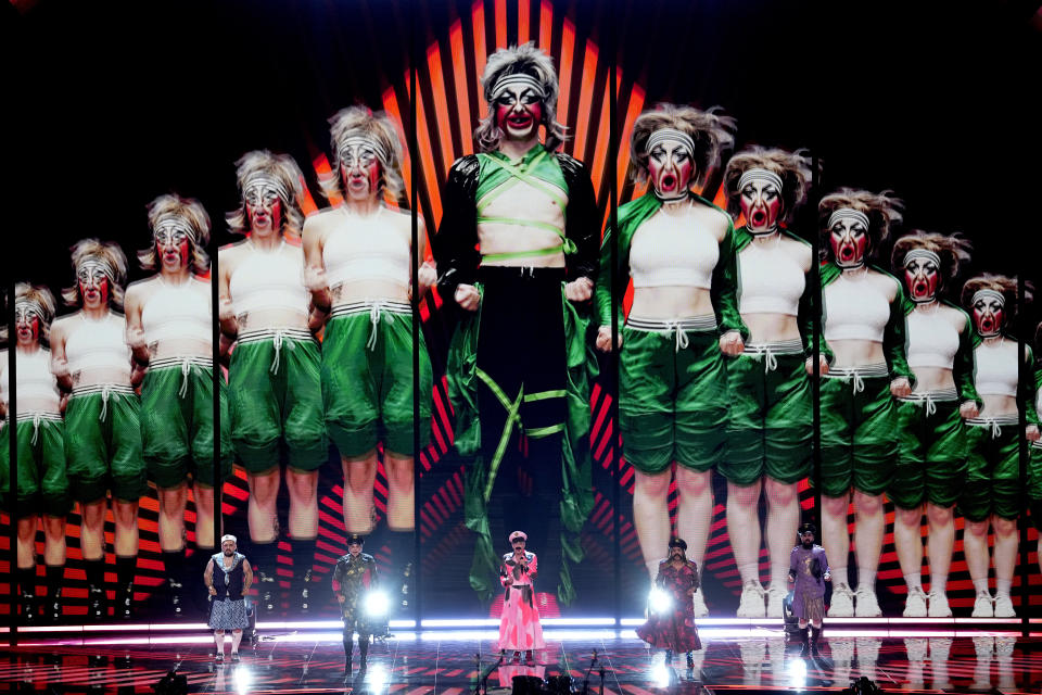 Let 3 of Croatia perform during the first semi final at the Eurovision Song Contest in Liverpool, England, Tuesday, May 9, 2023. (AP Photo/Martin Meissner)