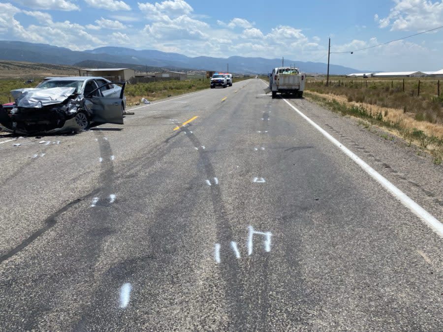 A deadly car crash in Sanpete County on Monday, July 15, 2024, killed two people and left three others with non-life-threatening injuries. (Courtesy: Utah Department of Public Safety)