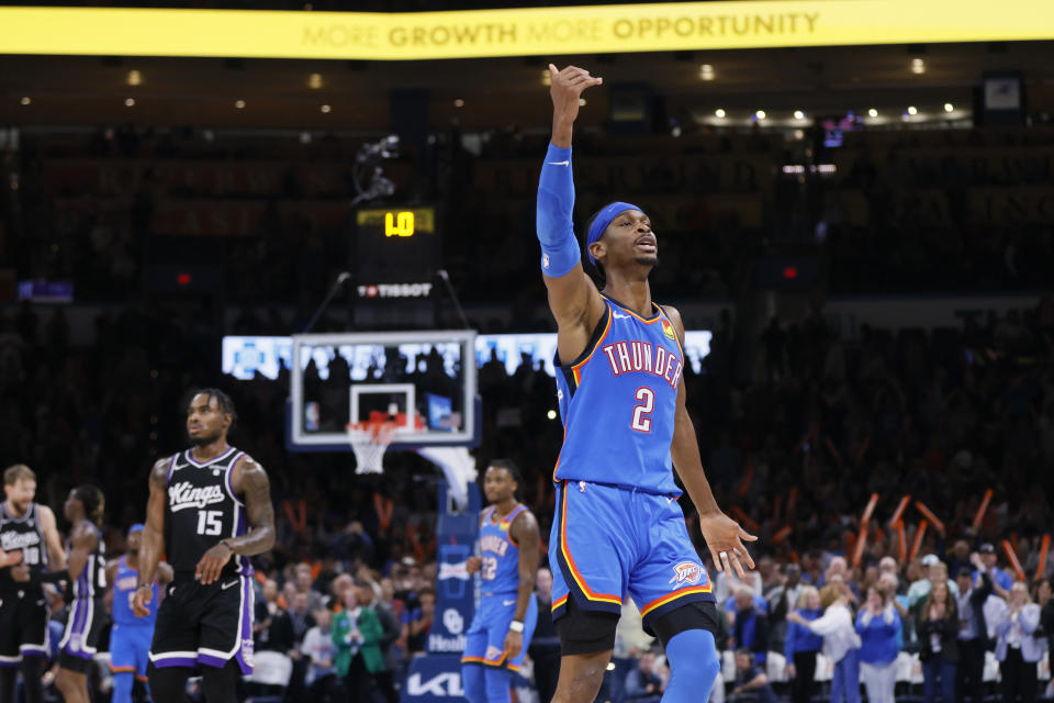 Oklahoma City Thunder guard Shai Gilgeous-Alexander (2) gestures to fans as he celebrates the team's impending win in an NBA basketball game against the Sacramento Kings, Tuesday, April 9, 2024, in Oklahoma City. (AP Photo/Nate Billings)