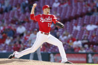Cincinnati Reds' Jeff Hoffman pitches against the Washington Nationals during the ninth inning of a baseball game Sunday, Sept. 26, 2021, in Cincinnati. (AP Photo/Jay LaPrete)
