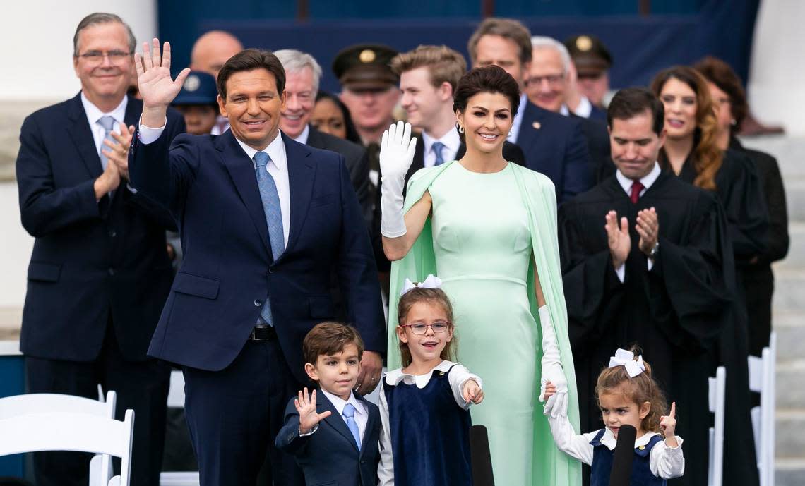 From left, Florida Gov. Ron DeSantis, Mason, Madison, Casey DeSantis and Mamie wave to the crowd during an inauguration ceremony at the historic Florida Capitol on Tuesday, Jan. 3, 2023, in Tallahassee, Fla.