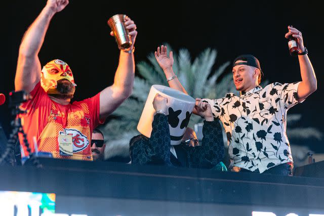 <p>Tony Tran</p> Jason Kelce Dressed in Festive Attire Parties with Marshmello and Patrick Mahomes at XS Nightclub inside Wynn Las Vegas on Feb. 11