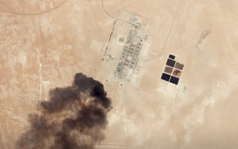 Satellite imagery shows the apparent drone attack on a Saudi oil facility - Credit: Planet Labs Inc via REUTERS