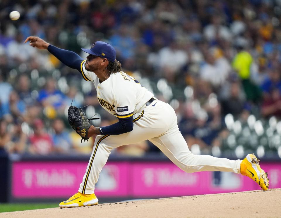 Brewers starter Freddy Peralta held the Diamondbacks hitless for 4 ⅔ innings innings Wednesday night before allowing four earned runs in five inning pitched and taking the loss in Game 2 of the NL wild-card series agains the Diamondbacks.