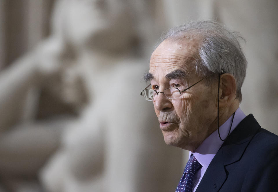 FILE - Former French Justice Minister Robert Badinter, author of the abolitionist law in France, delivers a speech during a ceremony marking the 40th anniversary of the abolition of the death penalty in France, at the Pantheon in Paris, Saturday, Oct. 9, 2021. Robert Badinter, who led the campaign to abolish France's death penalty in the 1980s, has died at age 95. French President Emmanuel Macron hailed Badinter, a former justice minister and revered human rights defender, as a ''figure of the century'' who ''never ceased to plead for the ideas of the Enlightenment.''(Ian Langsdon /Pool Photo via AP, File)