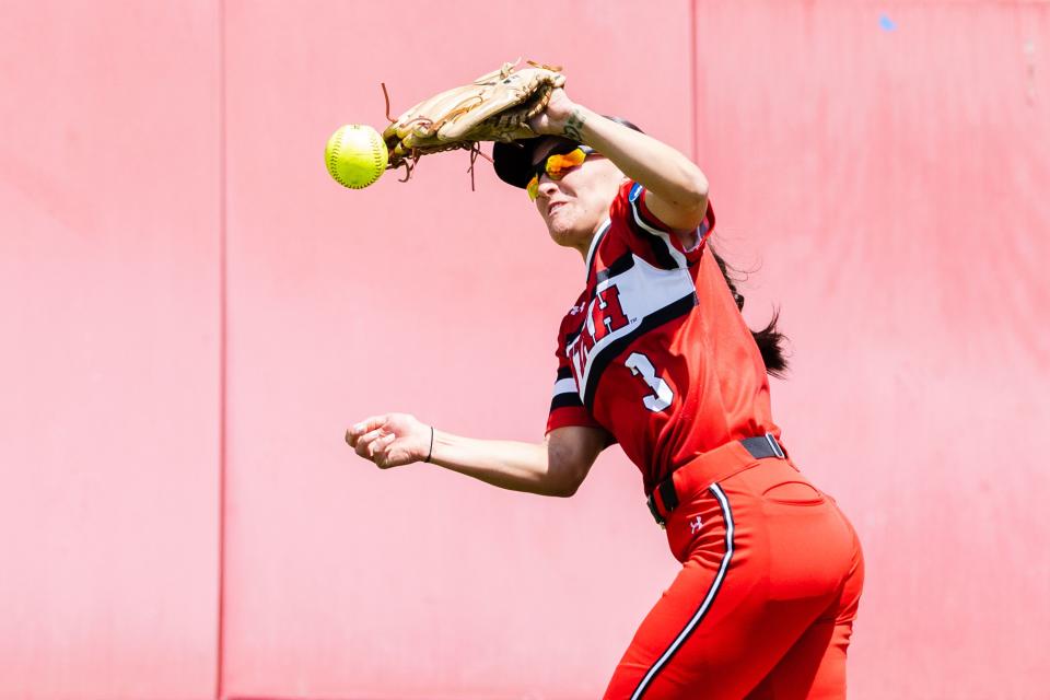 Utah infielder Haley Denning (3) fumbles a catch during the third game of the NCAA softball Super Regional between Utah and San Diego State at Dumke Family Softball Stadium in Salt Lake City on Sunday, May 28, 2023. | Ryan Sun, Deseret News