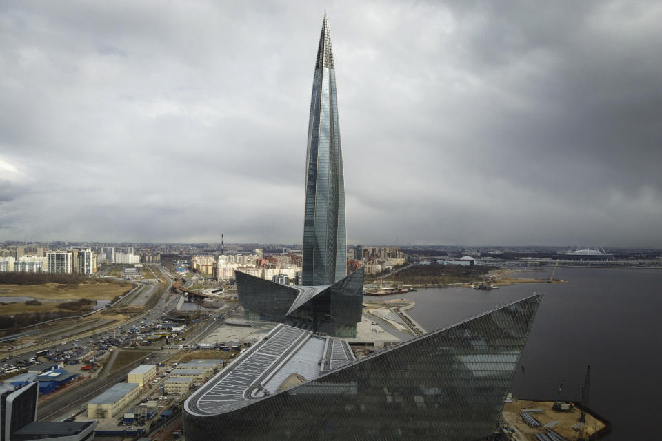 FILE - A view of the business tower Lakhta Centre, the headquarters of Russian gas monopoly Gazprom in St. Petersburg, Russia, Wednesday, April 27, 2022. Russia's Gazprom state-controlled energy giant said it will shut down the Nord Stream 1 natural gas pipeline to Germany for three days of maintenance starting Wednesday, raising economic pressure on Germany and other European countries that depend on the fuel to power industry, generate electricity and heat homes. (AP Photo/Dmitri Lovetsky, File)