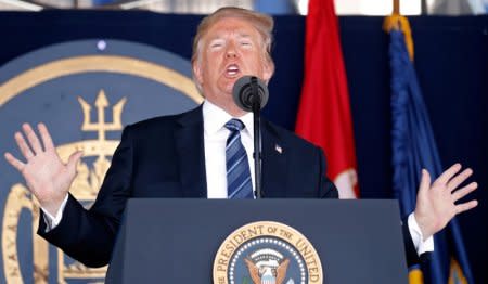 U.S. President Donald Trump speaks at the commissioning and graduation ceremony for U.S. Naval Academy Class of 2018 at the Navy-Marine Corps Memorial Stadium in Annapolis, Maryland, U.S., May 25, 2018. REUTERS/Kevin Lamarque