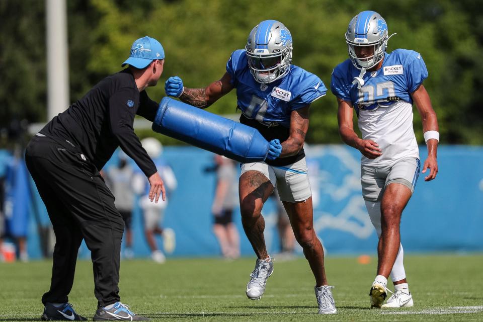 Detroit Lions wide receiver Marvin Jones Jr. runs a drill during the joint practice with New York Giants at Detroit Lions headquarters and training facility in Allen Park on Wednesday, August 9, 2023.