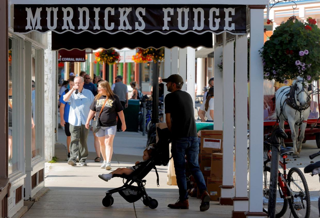 Murdicks Fudge, one of several fudge shops on Main Street in downtown Mackinac Island, Michigan on July 1, 2020.