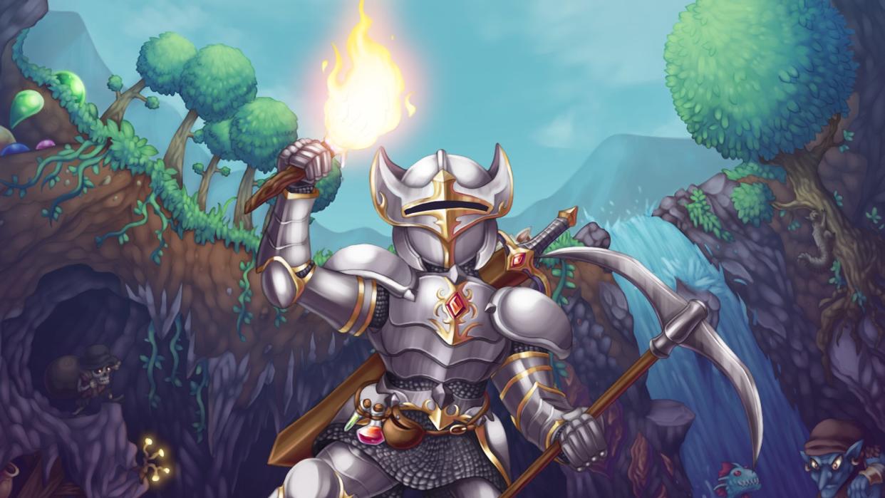  A character in Terraria dressed in armour and holding a torch. 