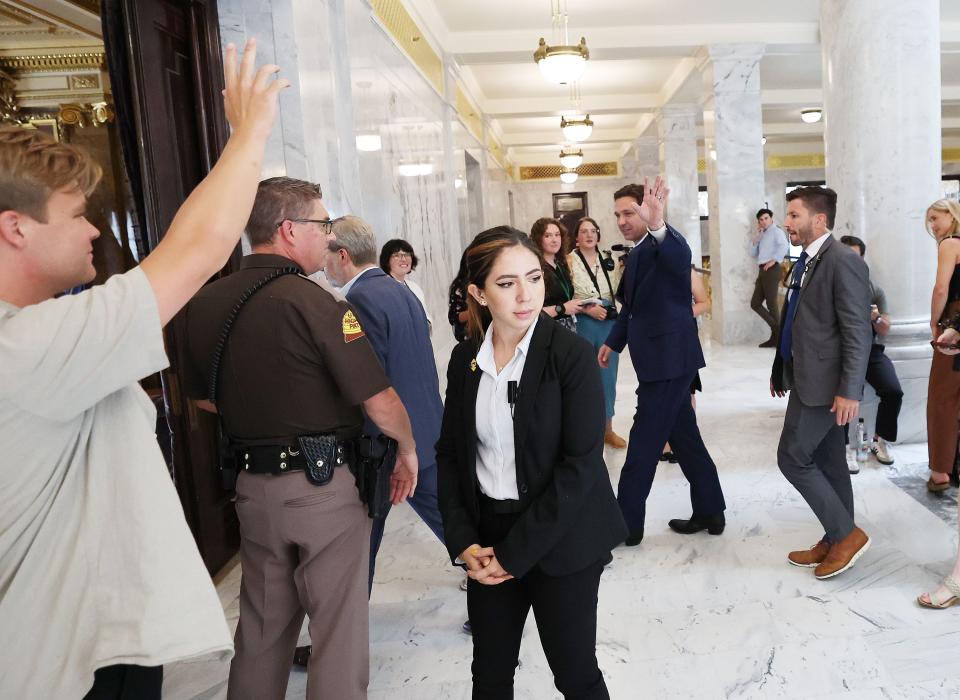 Florida Gov. and presidential candidate Ron DeSantis waves prior to a press conference at the Capitol in Salt Lake City on Friday, July 21, 2023. | Jeffrey D. Allred, Deseret News