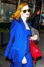 Jessica Chastain steps out in a royal blue pinstripe suit and matching top on Wednesday in N.Y.C.