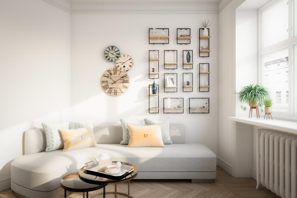 property Digitally generated warm and cozy affordable Scandinavian style home interior (living room) design.The scene was rendered with photorealistic shaders and lighting in Autodesk® 3ds Max 2020 with V-Ray Next with some post-production added.