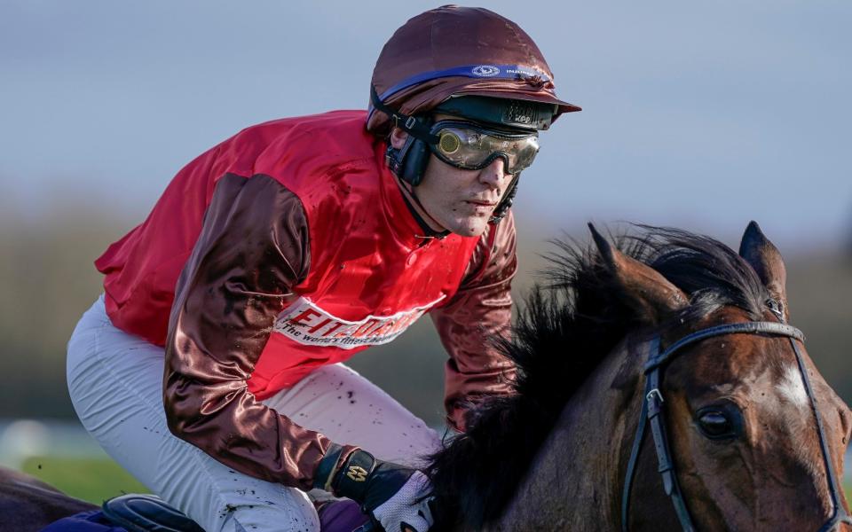 Jockey David Maxwell in action at Newbury Racecourse on March 1, 2024 in Newbury, England