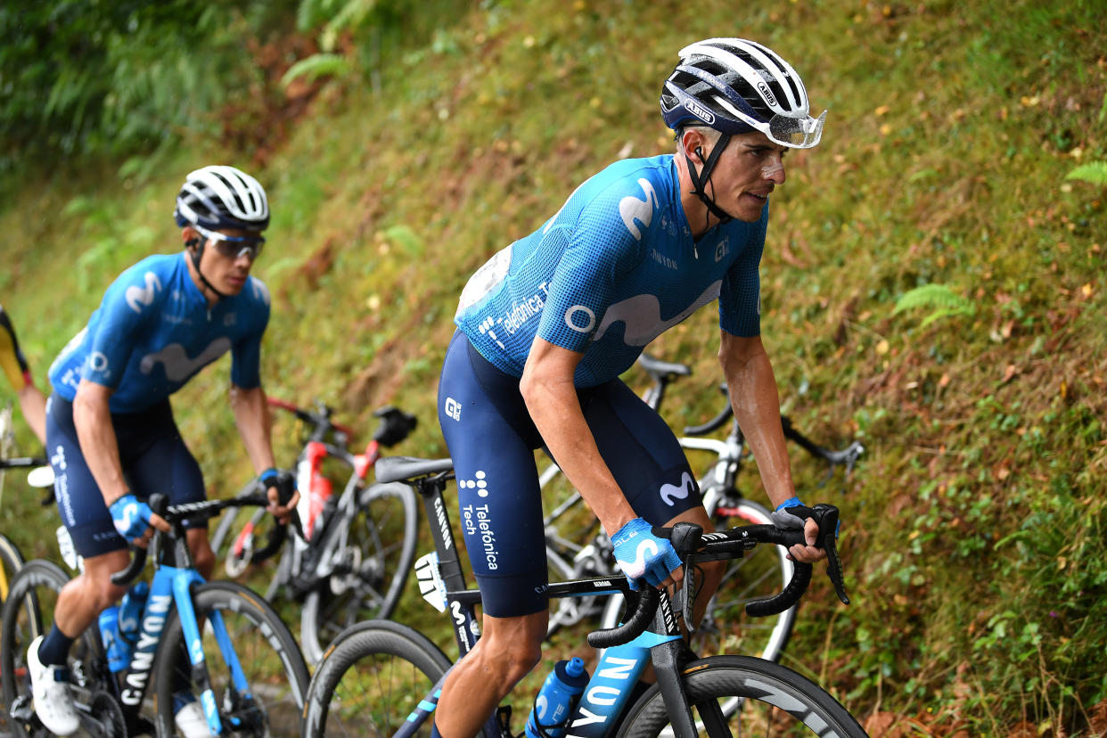 LAGOS DE COVADONGA, SPAIN - SEPTEMBER 01: (L-R) Miguel Ángel López Moreno of Colombia and Enric Mas Nicolau of Spain and Movistar Team compete during the 76th Tour of Spain 2021, Stage 17 a 185,5km stage from Unquera to Lagos de Covadonga 1.085m / @lavuelta / #LaVuelta21 / on September 01, 2021 in Lagos de Covadonga, Spain. (Photo by Tim de Waele/Getty Images)