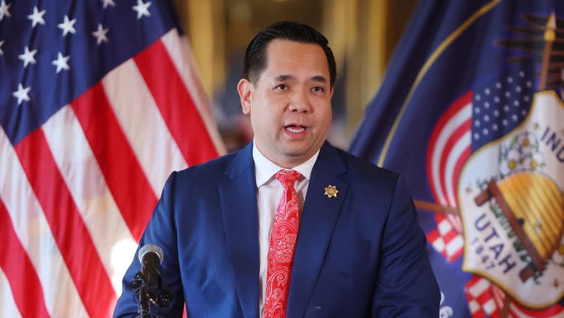 Utah Attorney General Sean Reyes speaks at a press conference in the Gold Room at the Capitol on Jan. 23, 2023.