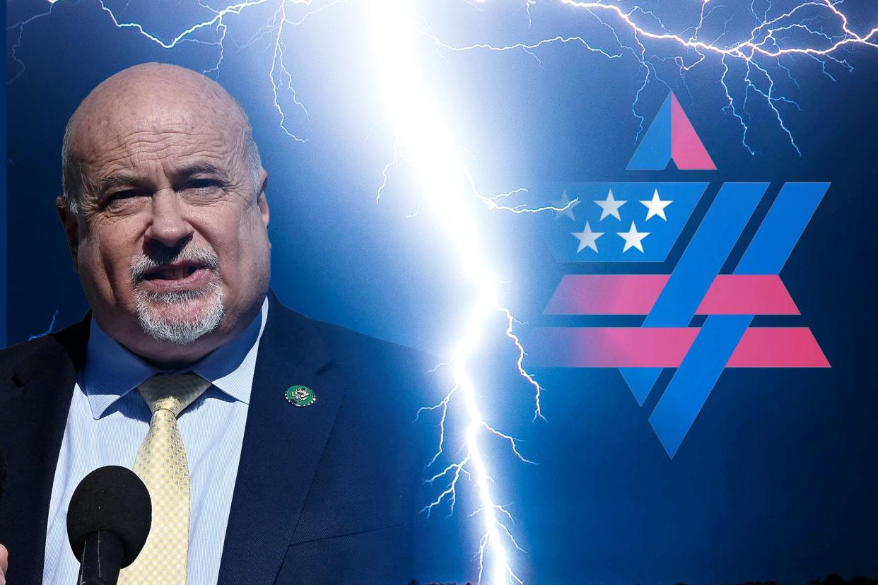 A photo illustration of a man and the lobbying group AIPAC's symbol, with a lightning bolt in between.