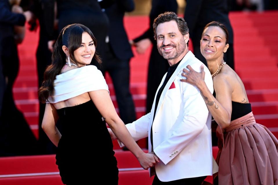 Selena Gomez, Edgar Ramirez, and Zoe Saldana at the screening of “Emilia Perez” on May 18, 2024. AFP via Getty Images