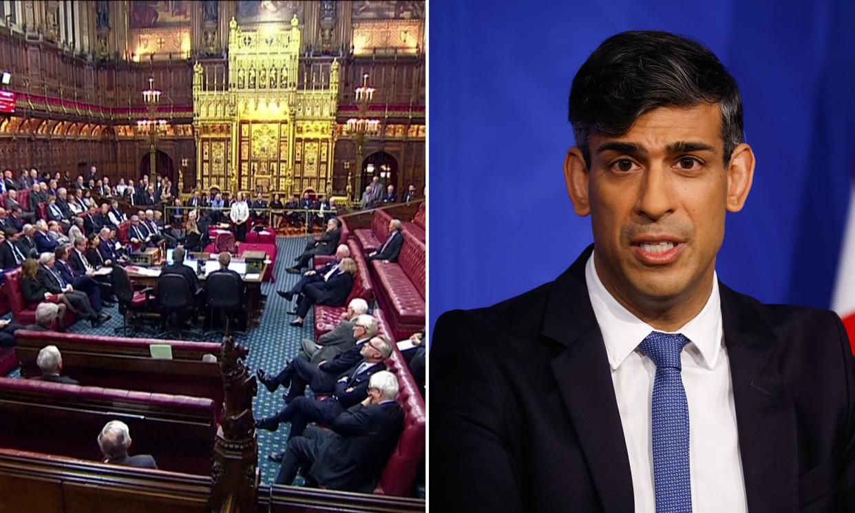 <span>Sunak’s bill was passed late on Monday after a showdown with peers, who eventually conceded on two amendments.</span><span>Photograph: Parliament TV and EPA</span>