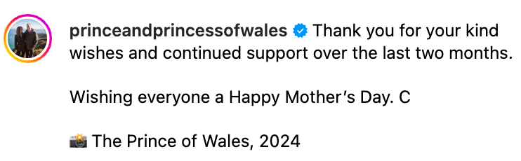 Social media post by the Prince of Wales expressing gratitude and Mother's Day wishes, dated 2024