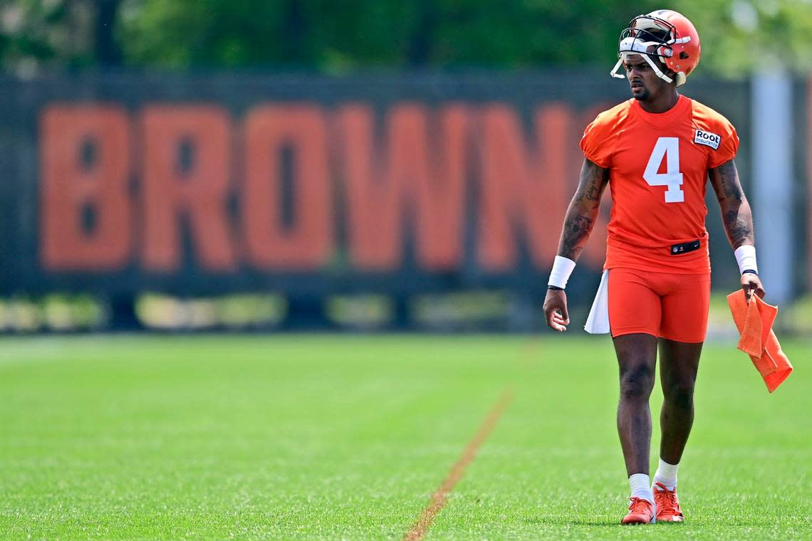 Cleveland Browns quarterback Deshaun Watson on field during NFL training camp in Berea, Ohio on July 29, 2022. Watson on Thursday saw his NFL suspension increased to 11 games with a $5 million fine over accusations of sexual misconduct brought by two dozen women.