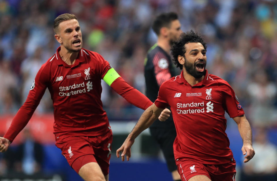 Liverpool's Mohamed Salah celebrates scoring his side's first goal of the game during the UEFA Champions League Final at the Wanda Metropolitano, Madrid.