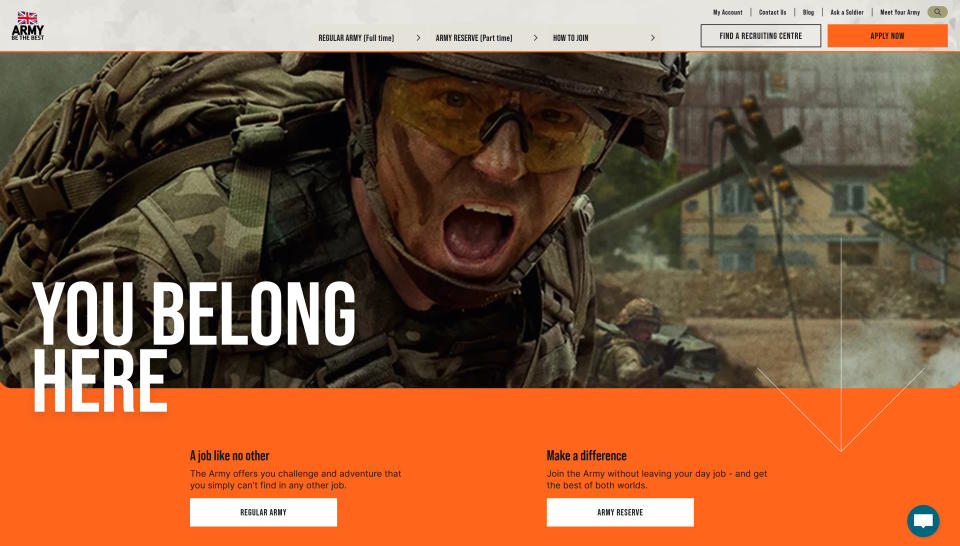 British Army Jobs and Recruitment website header - picture of a soldier and the words 