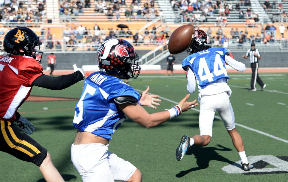 West All-Star Sal Maria of Rio Mesa intercepts a pass during the 49th annual Ventura County All-Star Football Game at Ventura College on Saturday, Feb. 4, 2023. The East won, 39-25.
