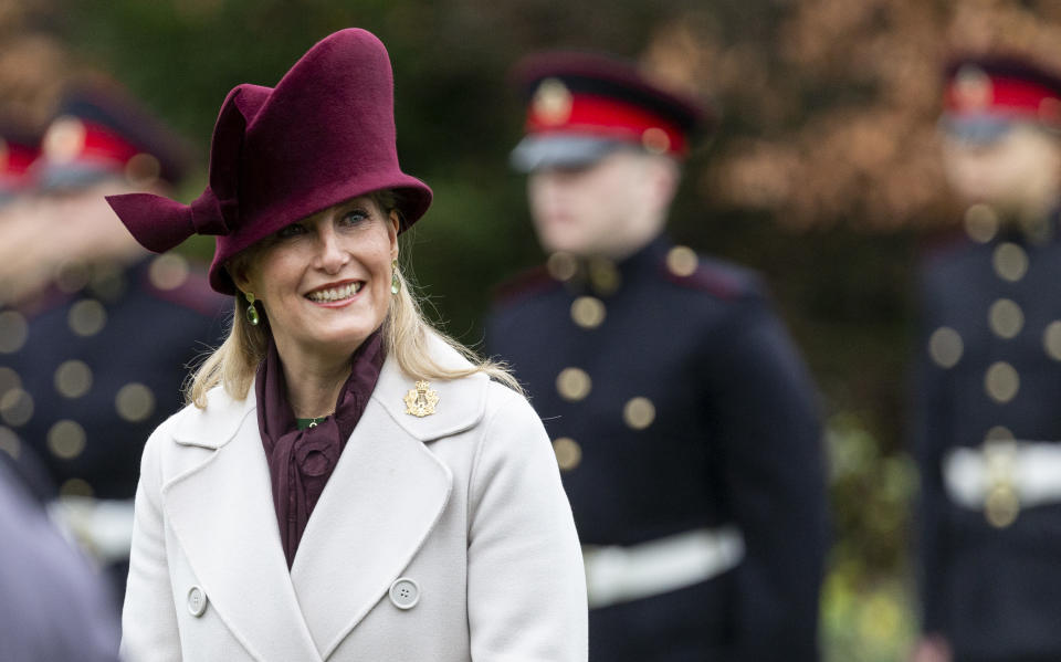TWICKENHAM, ENGLAND - DECEMBER 10: Sophie, Countess of Wessex visits the Corps of Army Music for a renaming ceremony and short parade at Kneller Hall on December 10, 2020 in Twickenham, England. The Countess of Wessex is Colonel in Chief of the regiment. (Photo by UK Press Pool/UK Press via Getty Images)