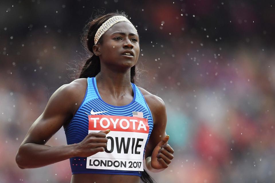 Tori Bowie of the United States competes during the womens 100m heats during day two of the 16th IAAF World Athletics Championships London 2017 at The London Stadium on August 5, 2017 in London, United Kingdom.