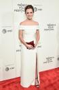 <p>The young actress stunned in a white off-the-shoulder Burberry dress with a thigh-high slit at the premiere of <em>The Circle</em> at the Tribeca Film Festival in New York City, but it was her beautiful smile that really lit up the red carpet. (Photo: Getty Images) </p>