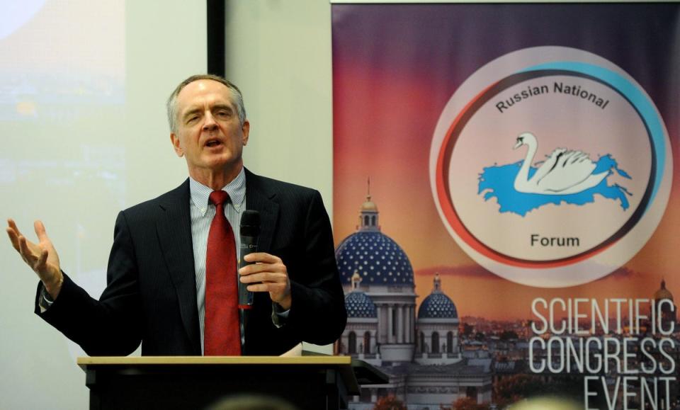 White nationalist Jared Taylor speaks during the International Russian Conservative Forum in Saint-Petersburg in 2015 (OLGA MALTSEVA/AFP/Getty Images)