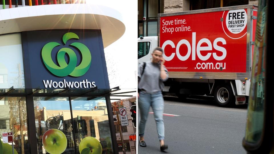 A Woolworths sign on the left and a Coles truck on the right.