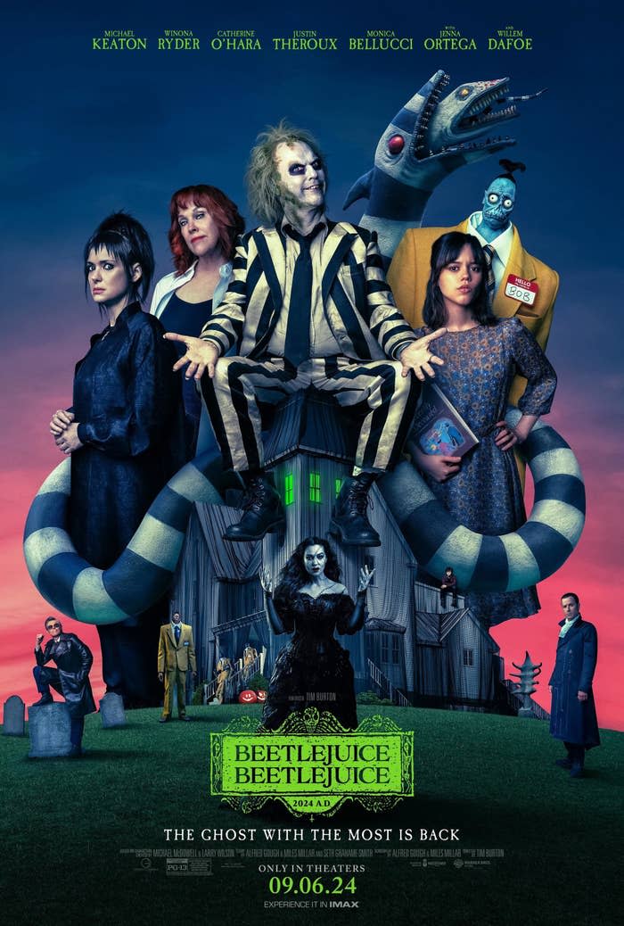 Movie poster for “Beetlejuice 2” with Michael Keaton, Winona Ryder, Catherine O'Hara, Justin Theroux, Monica Bellucci, Jenna Ortega and Willem Dafoe