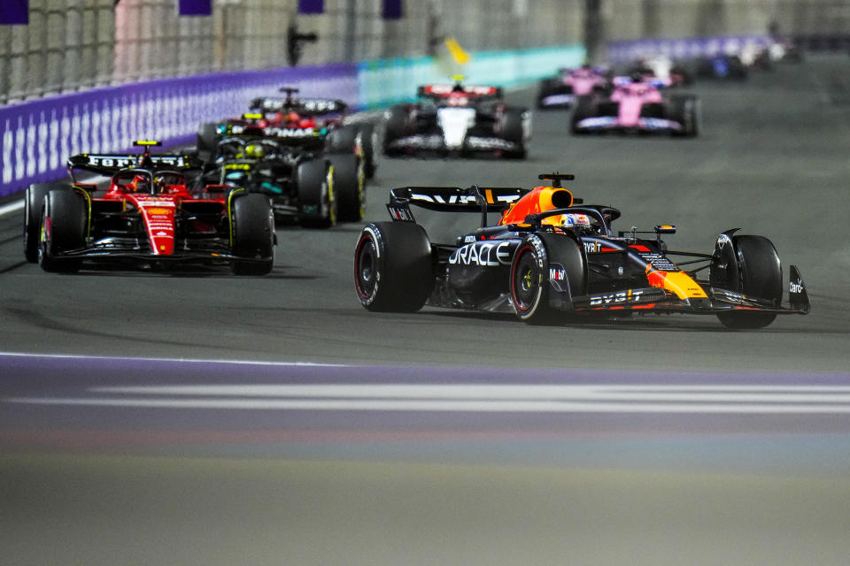 Red Bull driver Max Verstappen of the Netherlands steers his car during the Saudi Arabia Formula One Grand Prix at the Jeddah corniche circuit in Jeddah, Saudi Arabia, Sunday, March 19, 2023. (AP Photo/Hassan Ammar)