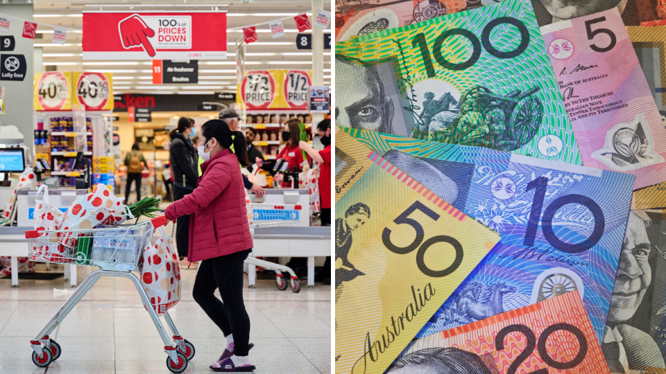 A composite image of a person pushed a trolly at a supermarket and Australian cash to represent rising grocery prices.