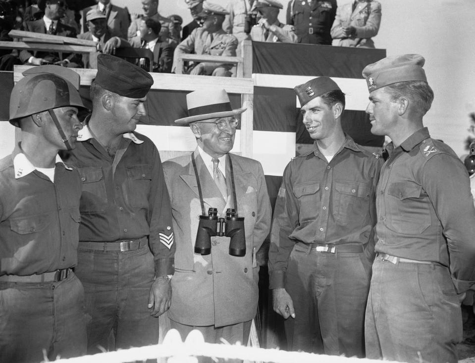 President Harry Truman visits at Fort Bragg in 1949.