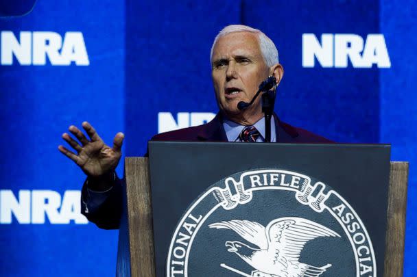 PHOTO: Former Vice President Mike Pence speaks at the National Rifle Association (NRA) annual convention in Indianapolis, on April 14, 2023. (Evelyn Hockstein/Reuters)