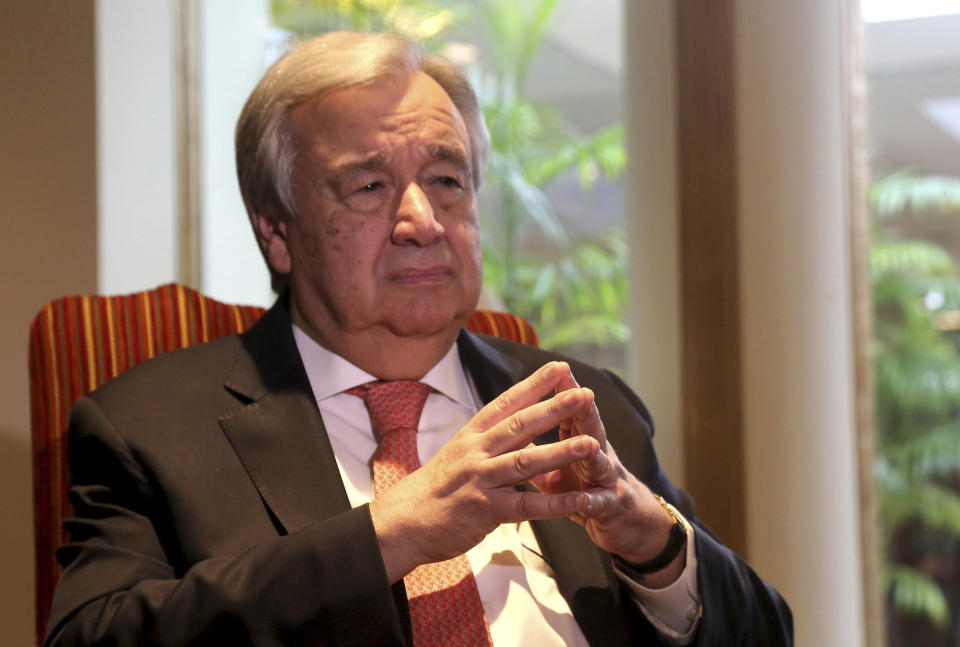 U.N. Secretary General Antonio Guterres speaks to The Associated Press, in Lahore, Pakistan, Tuesday, Feb. 18, 2020. Guterres said Tuesday that the coronavirus outbreak that began in China "is not out of control but it is a very dangerous situation." Antonio Guterres said that "the risks are enormous and we need to be prepared worldwide for that." The outbreak has infected more than 73,000 people globally. (AP Photo/K.M. Chaudhry)