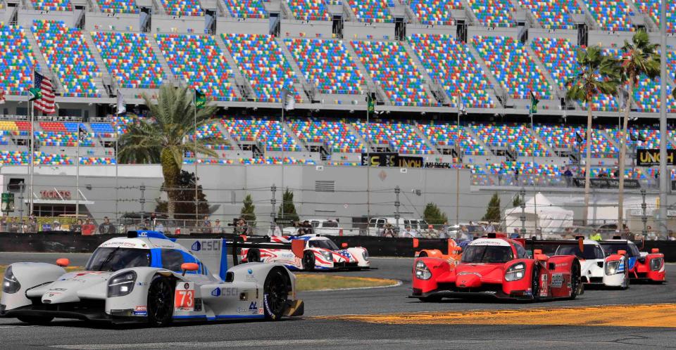 LMP3 cars work through the infield road course during Sunday's VP Challenge race at Daytona.