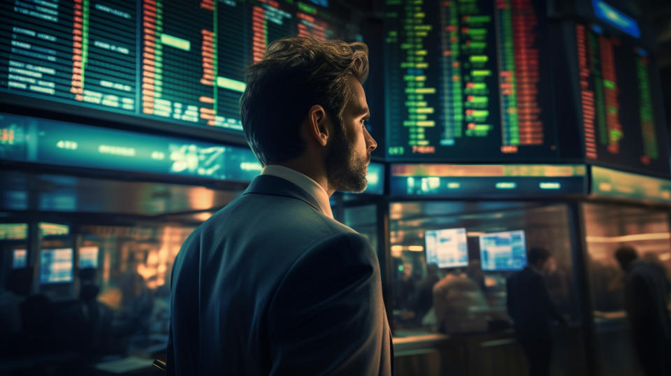 A stock broker on a trading floor, working to capture profit in the markets.