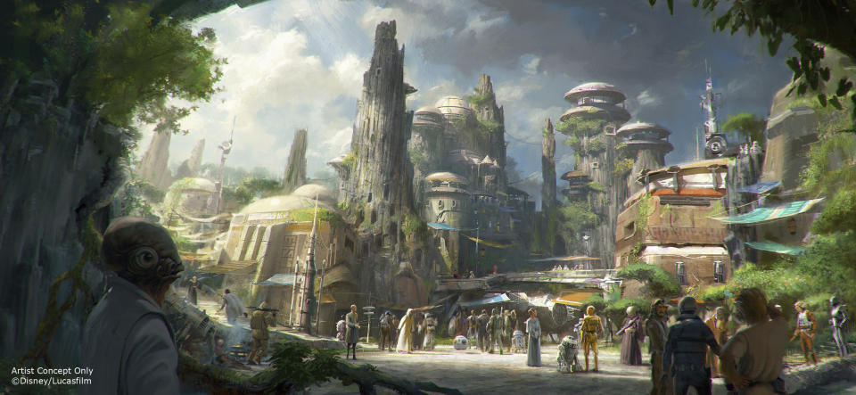 En este rendering difundido por Disney y Lucasfilm, el planificado Black Spire Outpost, un pueblo en el planeta de Batuu que será parte de la nueva tierra de Star Wars, Galaxy's Edge, que abrirá este verano en Disneyland en Anaheim, California, y luego en los Hollywood Studios de Disney en Orlando, Florida. (Disney Parks/Lucasfilm vía AP)