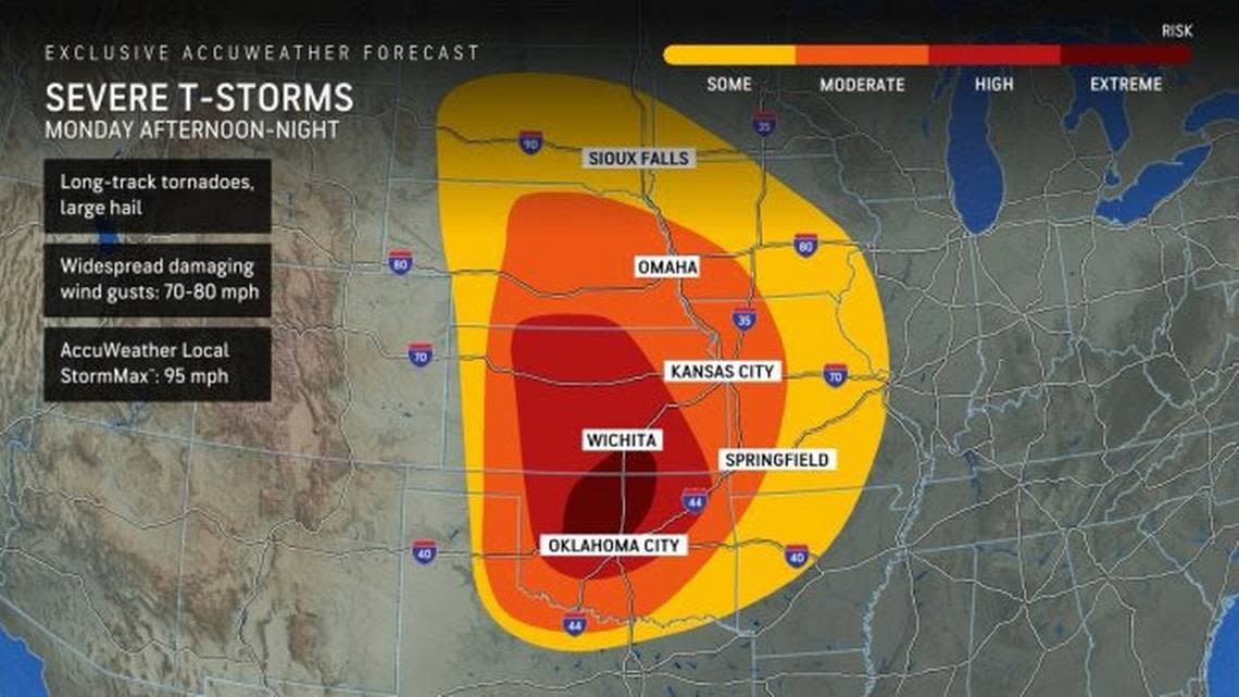 AccuWeather has issued an “extreme risk” warning for tornadoes and severe thunderstorms in an area of the central U.S. that includes Wichita.