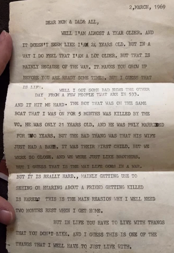 A letter dated March 2, 1969. The writer discusses turning 25, feeling older due to war, the death of a friend, and coping with life’s hardships