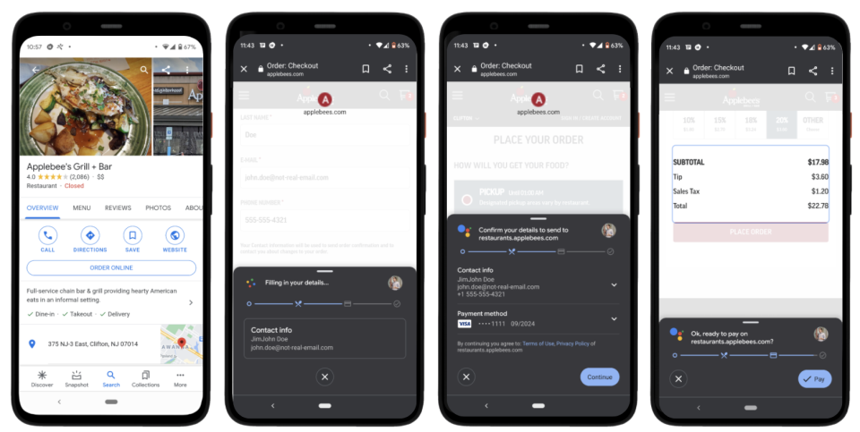 Google Duplex for web food order payment checkout screenshots. A set of four screenshots showing the process of ordering from Applebee's Grill and Bar via the Google app on Android. 